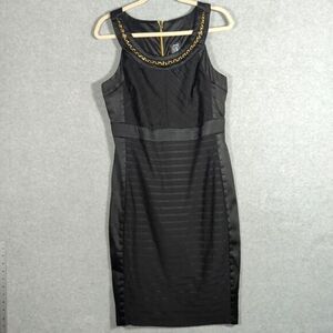 JAX Black Satin Gauze‎  Elegant Mini Dress Slimming Gold Chain And Zipper 10 90s